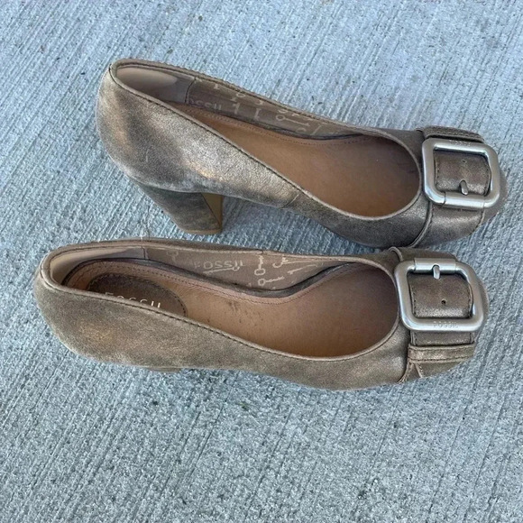 Fossil Maddox Gold Leather chunky block heel with silver buckle toe pump Y2K 8.5 - Picture 2 of 7